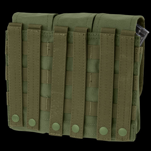 The Condor Triple AK/AR Mag Pouch is a green tactical pouch with MOLLE webbing and snap closures, designed to securely hold gear or magazines.